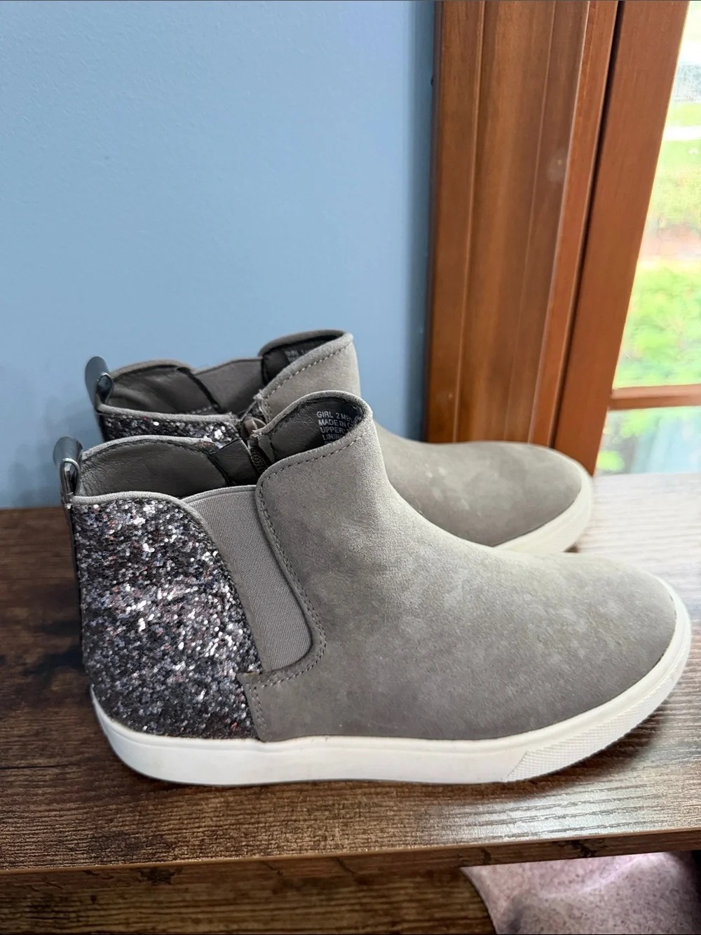 Girls Gray Slip-On Sneaker Boot with Glitter Heel